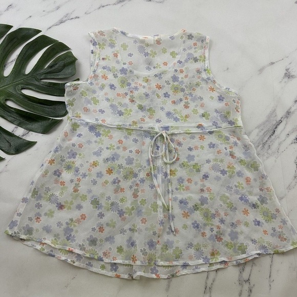 Finesse Womens Vintage Y2k Babydoll Top Size L White Purple Floral Sheer - Picture 8 of 11
